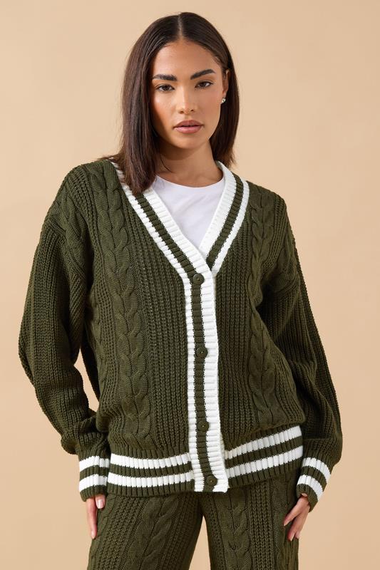 Petite  PixieGirl Petite Khaki Green Contrast Cable Knit Cardigan