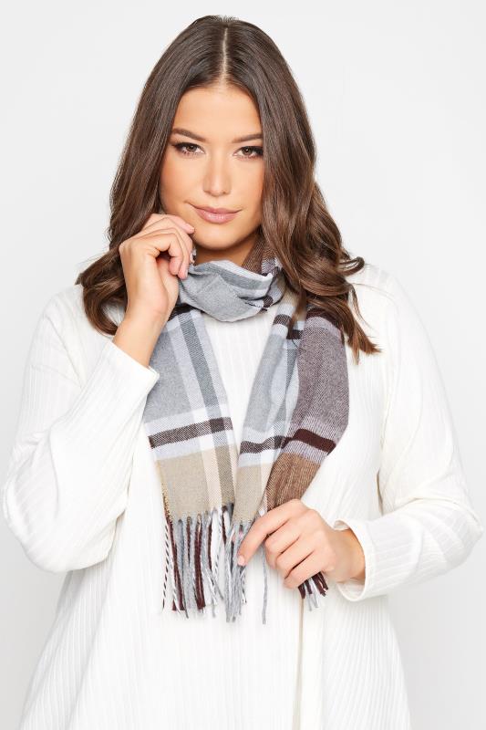 Grey & Brown Check Tassel Scarf | Yours Clothing  1