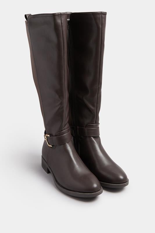Plus Size  Yours Tan Brown Buckle Stretch Back Knee High Boots In Standard Fit