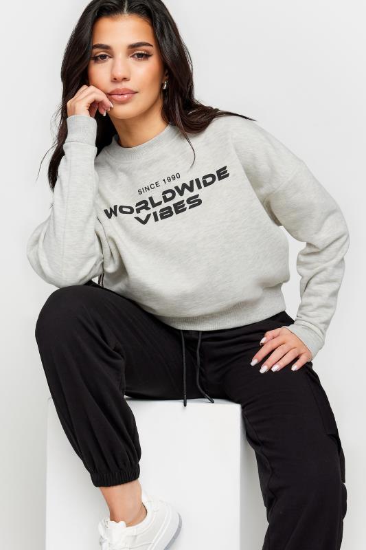 PixieGirl Petite Womens Light Grey 'Worldwide Vibes' Slogan Cropped Sweatshirt | PixieGirl 4