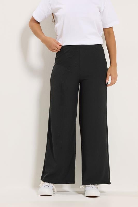 M&Co Petite Black Ribbed Wide Leg Trousers