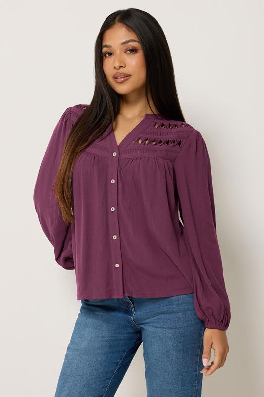  M&Co Petite Berry Purple Crochet Long Sleeve Blouse