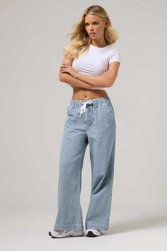 Petite  PixieGirl Petite Blue Cotton Striped Wide Leg Jeans