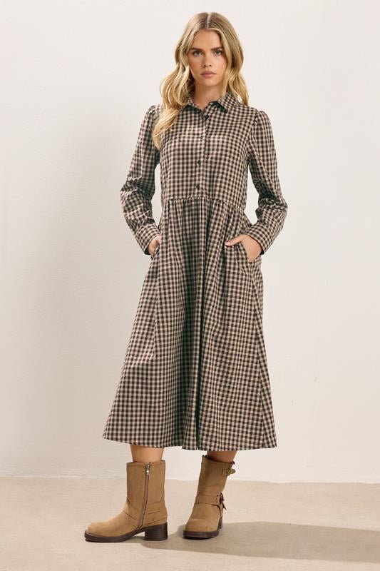 PixieGirl Petite Brown Gingham Shirt Dress