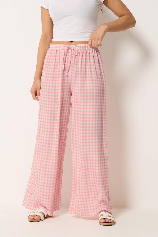 PixieGirl Petite Women's Pink Gingham Wide Leg Trousers | PixieGirl 1