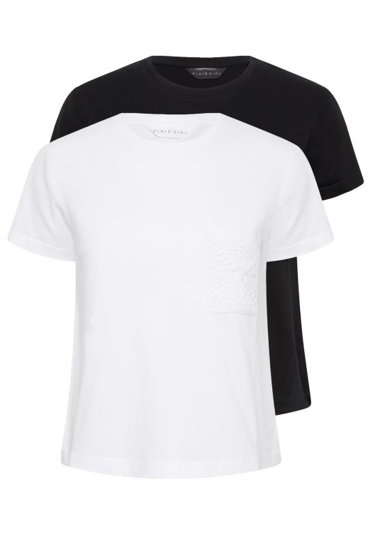 PixieGirl 2 PACK Petite Womens White & Black Crochet Pocket Short Sleeve T-Shirts | PixieGirl  7