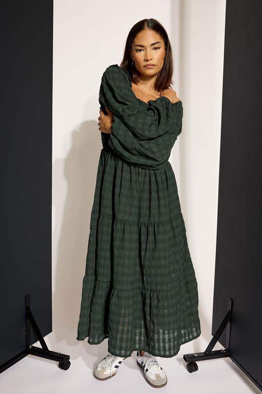PixieGirl Petite Women's Green Crinkle Check Tiered Dress | PixieGirl 2