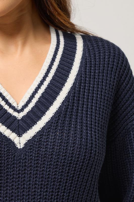 PixieGirl Petite Women's Navy Blue Contrast V-Neck Jumper | PixieGirl 5