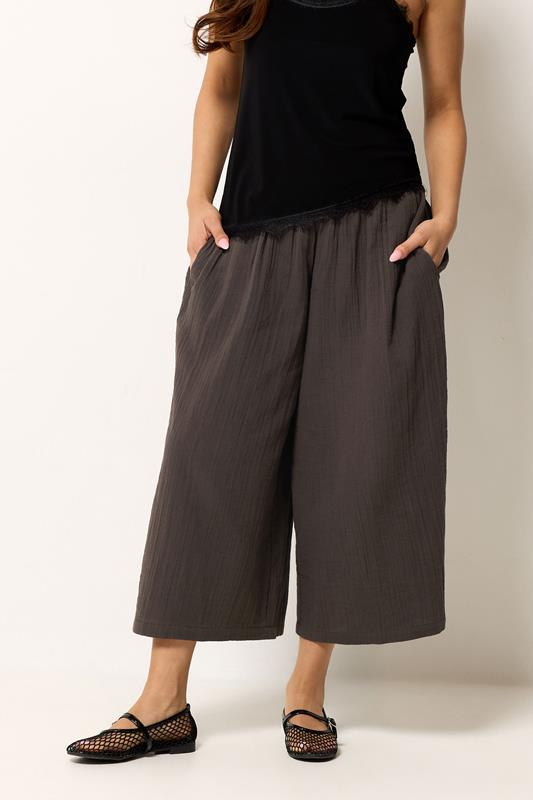  PixieGirl Petite Chocolate Brown Cotton Cheesecloth Cropped Wide Leg Trousers