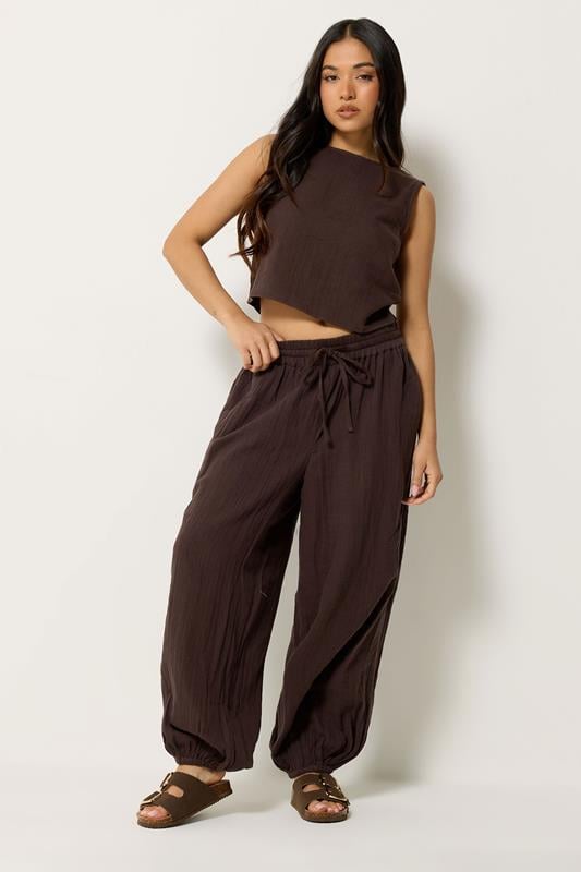 PixieGirl Petite Set Chocolate Brown Cotton Cheesecloth Top & Balloon Trousers