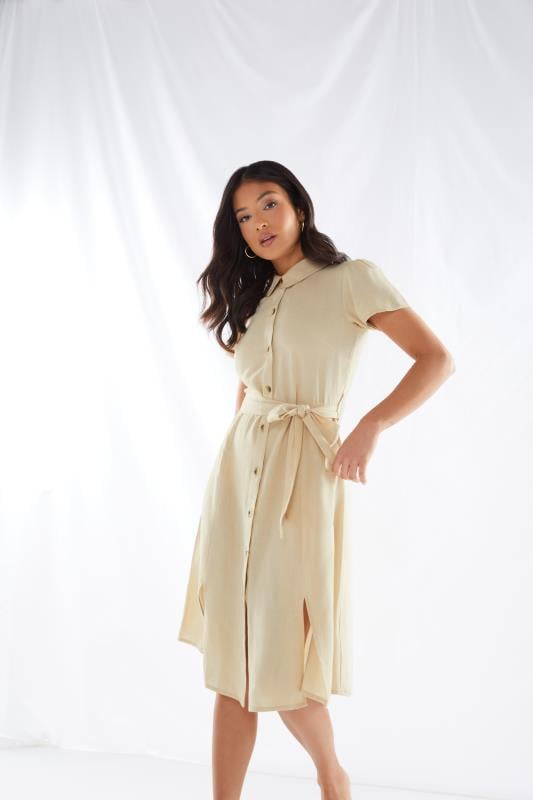 PixieGirl Petite Womens Stone Brown Linen Button Through Midi Dress | PixieGirl 2