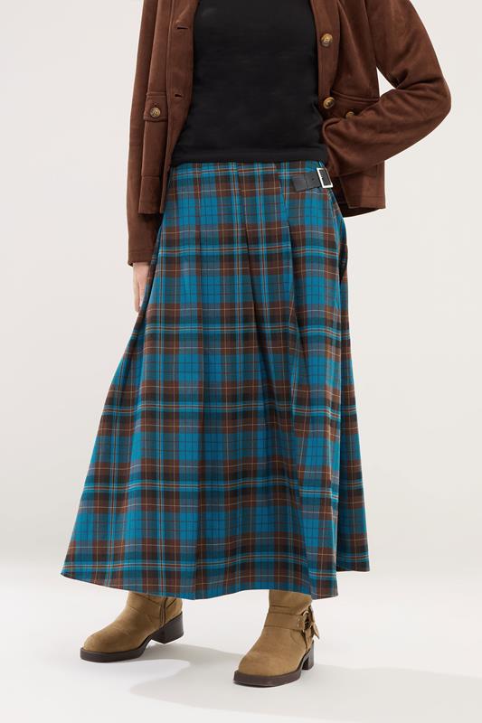 PixieGirl Petite Women's Brown & Blue Check Buckle Midi Skirt | PixieGirl 2