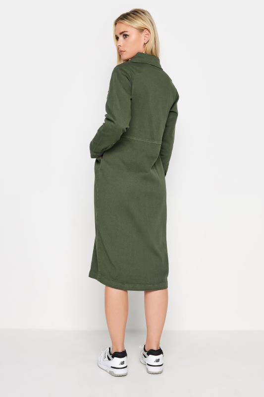 PixieGirl Petite Khaki Green Zip Denim Midi Dress | PixieGirl  3