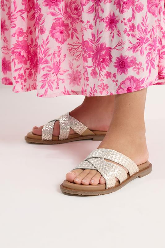  Yours Gold Woven Cross Strap Footbed Sandals In Wide E Fit