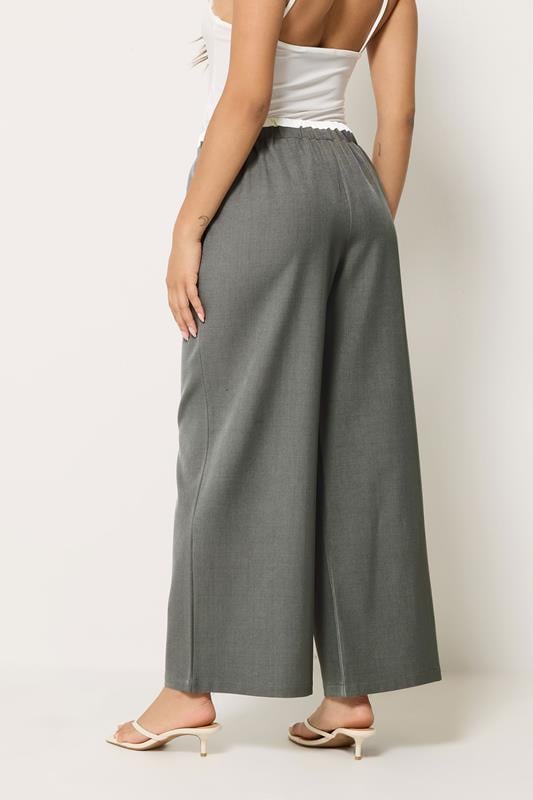 PixieGirl Petite Women's Grey Contrast Waist Wide Leg Trousers | PixieGirl 2