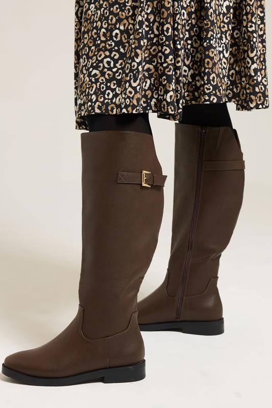 Plus Size  Yours Brown Faux Leather Buckle Detail Knee High Boots In Extra Wide EEE Fit