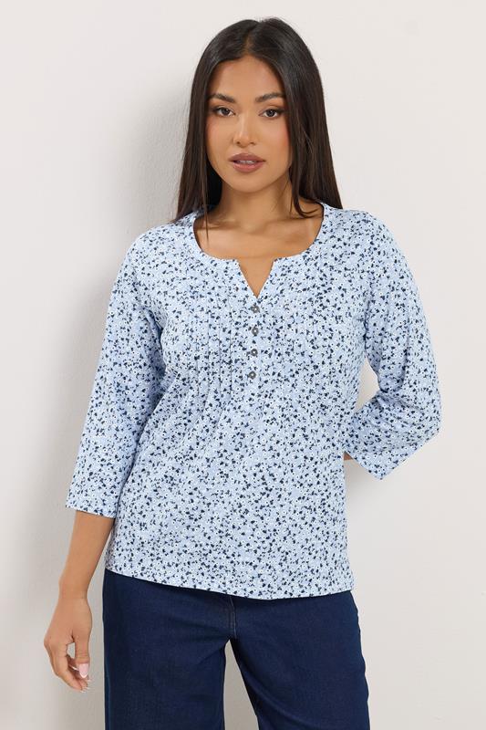 M&Co Petite Blue Floral Henley Top | M&Co 1