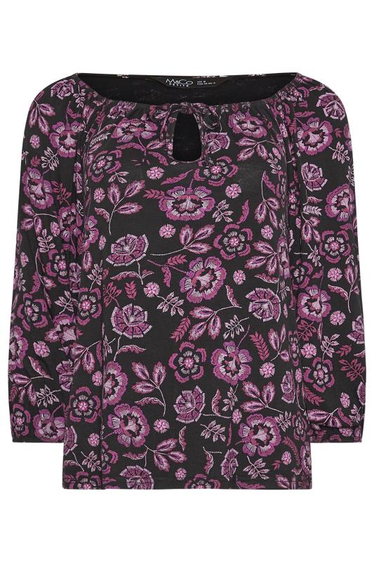 M&Co Petite Black & Purple Floral Print Tie Neck Top | M&Co 6