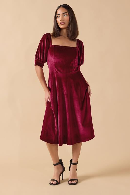 Petite  PixieGirl Petite Burgundy Red Square Neck Velvet Dress