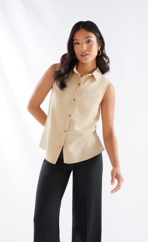 PixieGirl Petite Women's Stone Brown Linen Sleeveless Shirt | PixieGirl 2