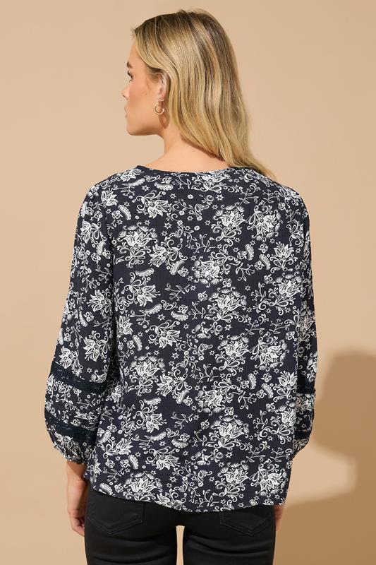 M&Co Petite Black Damask Print Lace Insert Top | M&Co 2