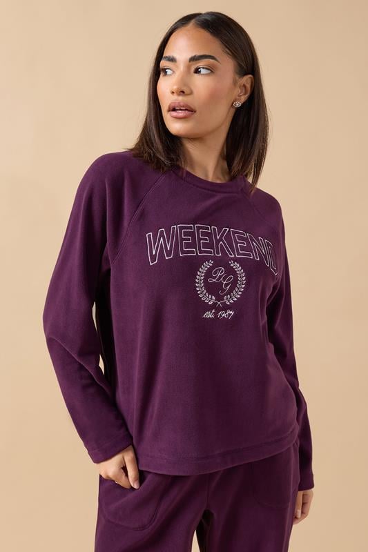 Petite  PixieGirl Petite Burgundy Red 'Weekend' Slogan Fleece Lounge Top