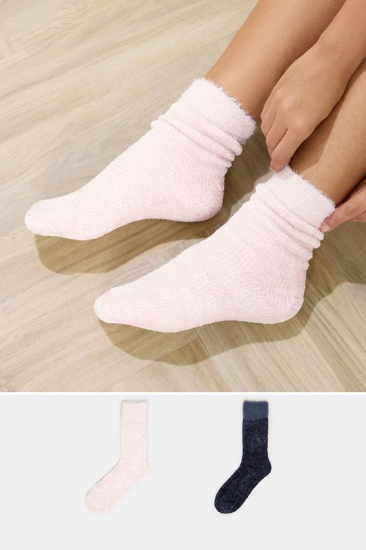 Plus Size  Yours 2 PACK Pink & Blue Chenille Ankle Bed Socks
