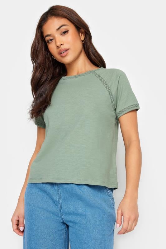 Petite  PixieGirl Sage Green Crochet Detail T-Shirt