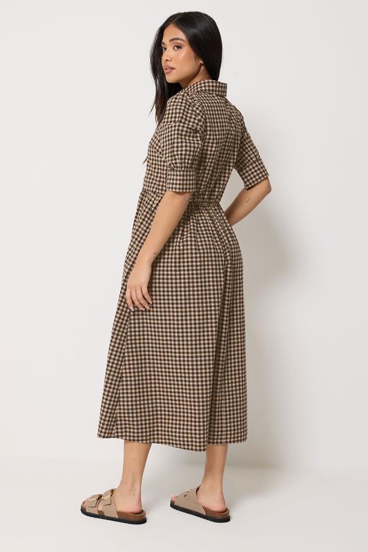 PixieGirl Petite Women's Brown Gingham Print Cotton Shirt Midi Dress |  PixieGirl