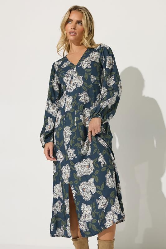 Petite  PixieGirl Petite Navy Blue Floral Midi Tea Dress