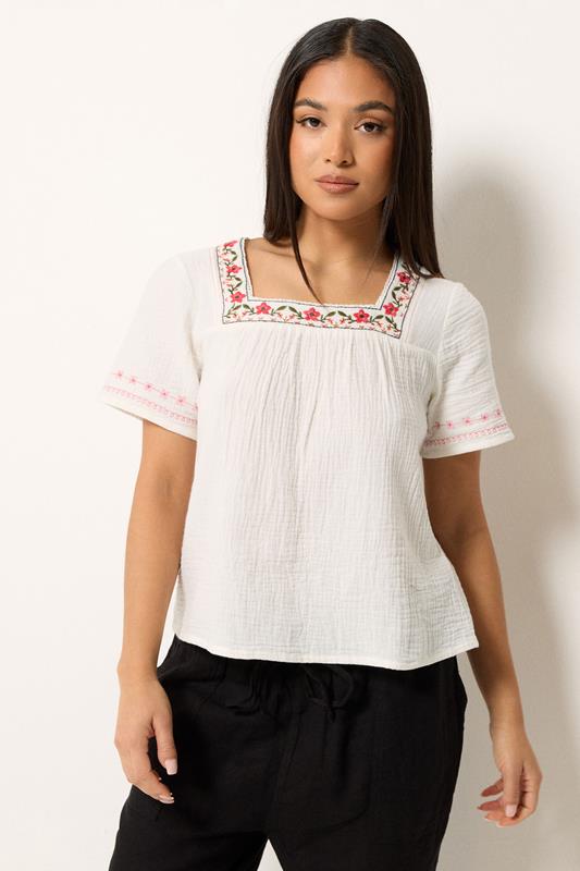 M&Co Petite White Floral Embroidered Cotton Square Neck Blouse