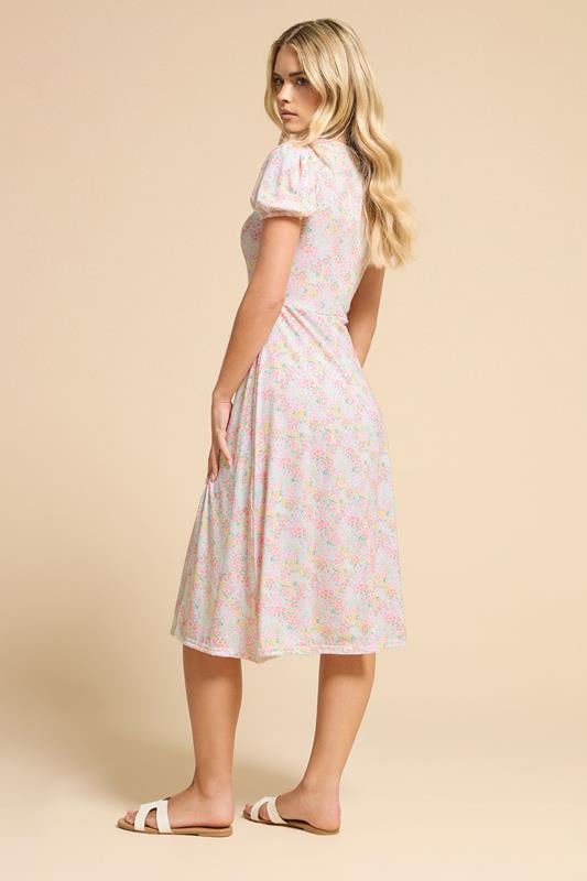 PixieGirl Petite Women's Pink Ditsy Puff Sleeve Midi Dress | PixieGirl 3