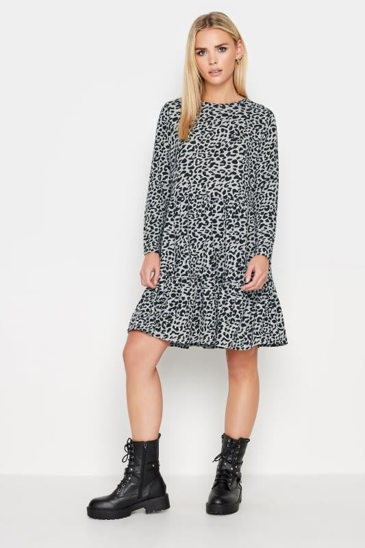PixieGirl Petite Womens Grey Leopard Print Tiered Midi Dress | PixieGirl  5