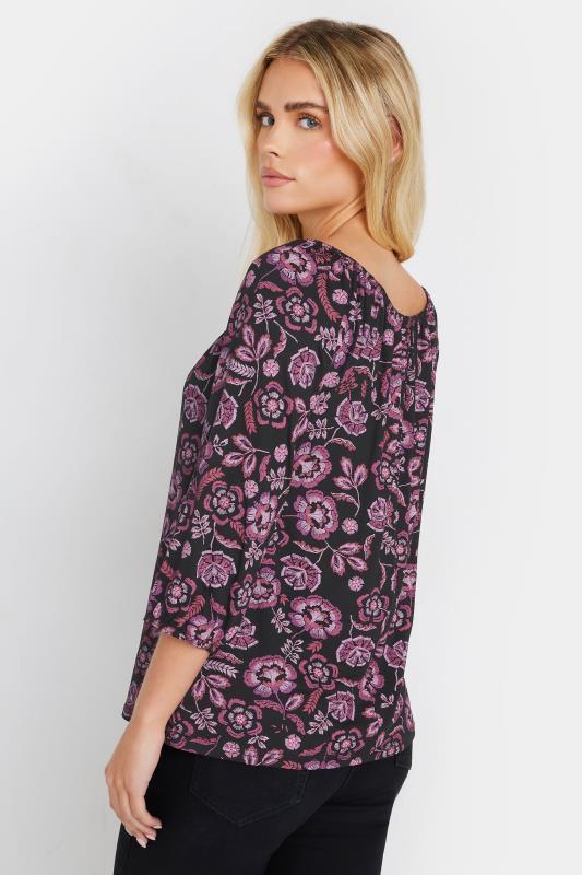 M&Co Petite Black & Purple Floral Print Tie Neck Top | M&Co 4