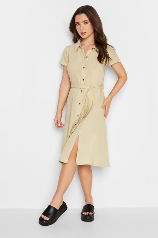PixieGirl Petite Womens Stone Brown Linen Button Through Midi Dress | PixieGirl 1