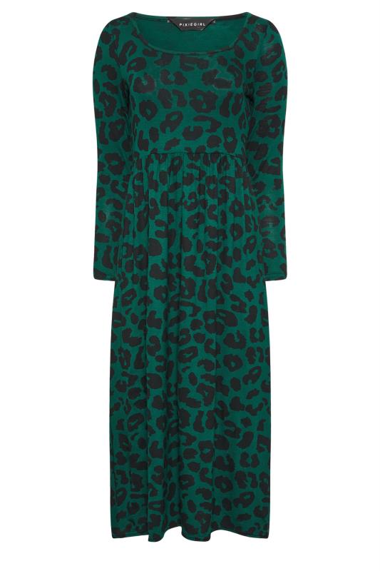 PixieGirl Petite Dark Green Leopard Print Long Sleeve Midi Dress | PixieGirl  5