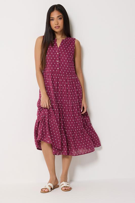 M&Co Petite Berry Red Dobby Tiered Cotton Midi Dress