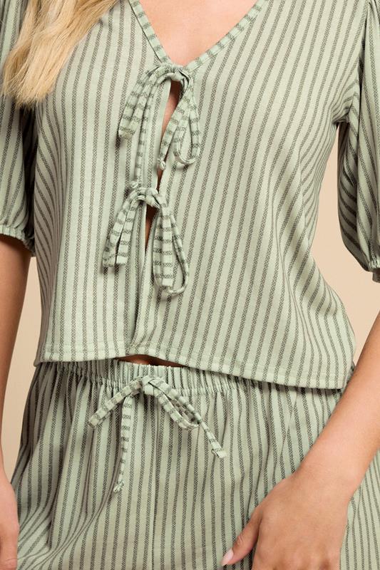 PixieGirl Petite Women's Sage Green Stripe Tie Front Top & Shorts Set | PixieGirl 6