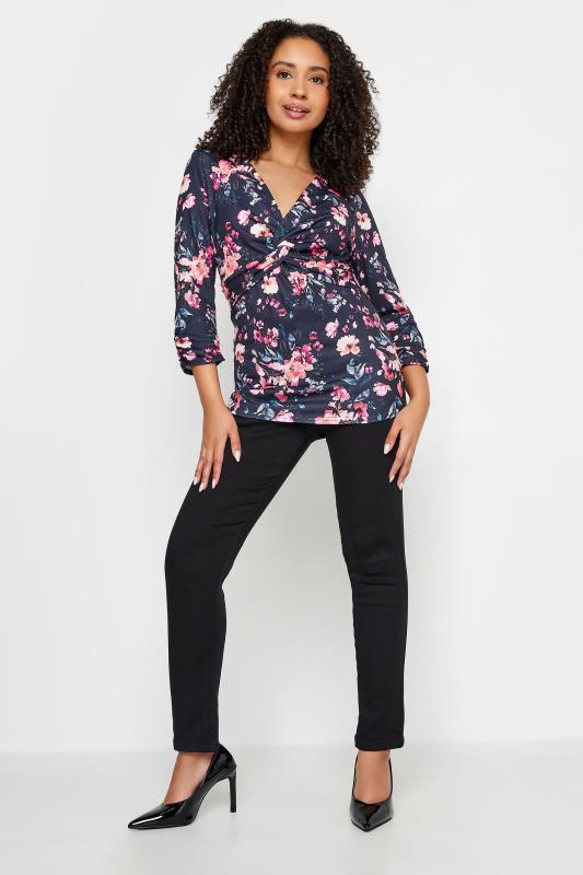 M&Co Petite Navy Blue Floral Twist Front Top | M&Co 1