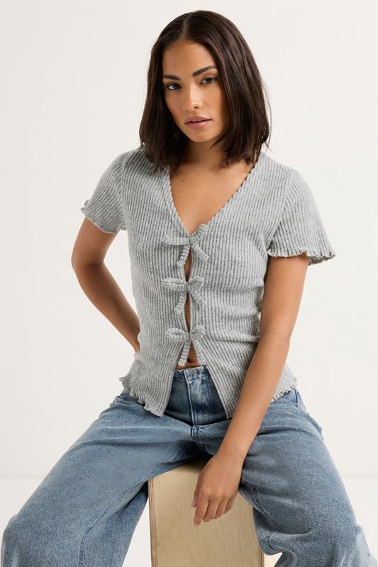 Petite  PixieGirl Petite Grey Soft Touch Bow Front Top