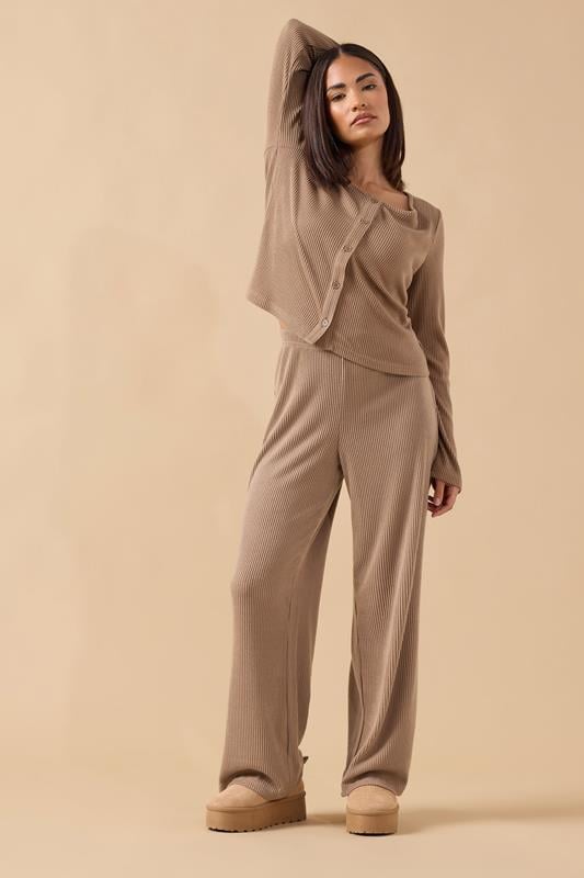 PixieGirl Petite Women's Camel Brown Ribbed Wide Leg Trousers | PixieGirl 2