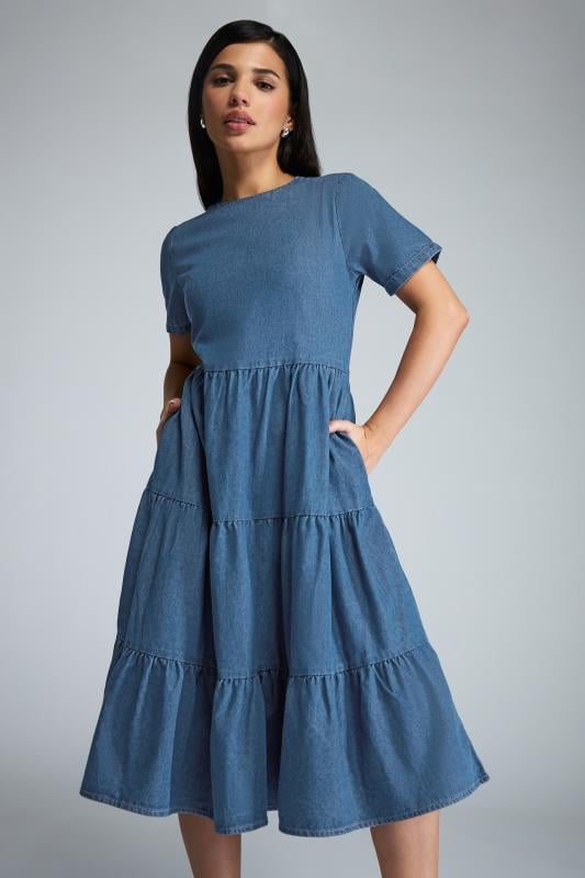 Petite  PixieGirl Blue Denim Tiered Midi Dress