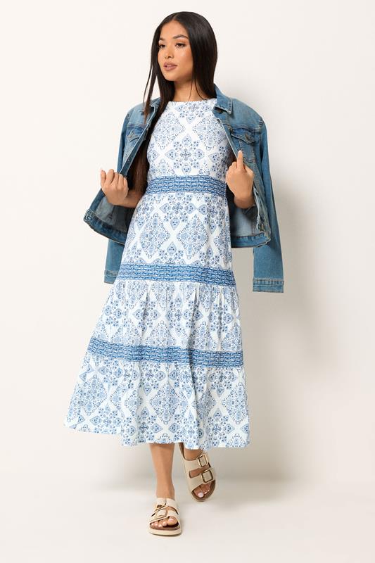 M&Co Petite Light Blue Tile Print Tiered Midi Dress | M&Co 2