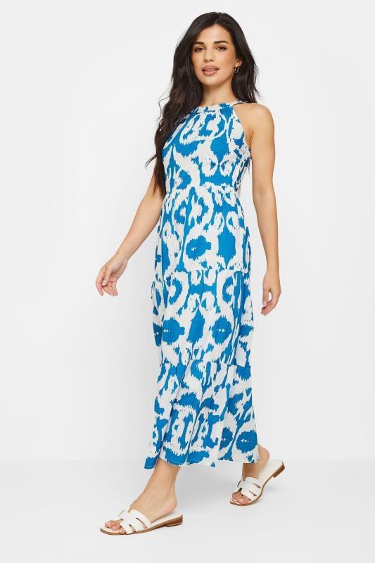 PixieGirl Petite Women's Blue & White Ikat Print Tiered Maxi Dress | PixieGirl 1