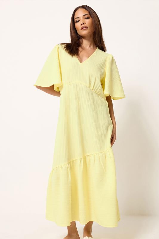 PixieGirl Petite Yellow Asymmetric Tiered Midi Dress | PixieGirl 1