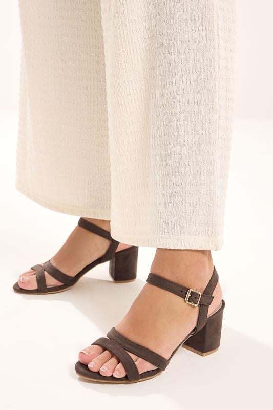 Brown Faux Suede Mid Block Heel Sandals In Wide E Fit & Extra Wide EEE Fit