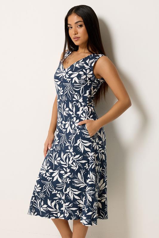  M&Co Petite Navy Blue Floral Linen Midi Dress
