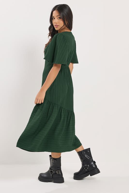 PixieGirl Petite Women's Dark Green Crinkle Tiered Midi Dress | PixieGirl 2