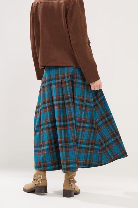 PixieGirl Petite Women's Brown & Blue Check Buckle Midi Skirt | PixieGirl 3