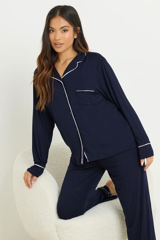Petite  PixieGirl Petite Navy Blue Piped Long Sleeve Jersey Pyjama Set